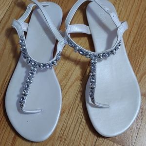 Beaded T-strap white sandals